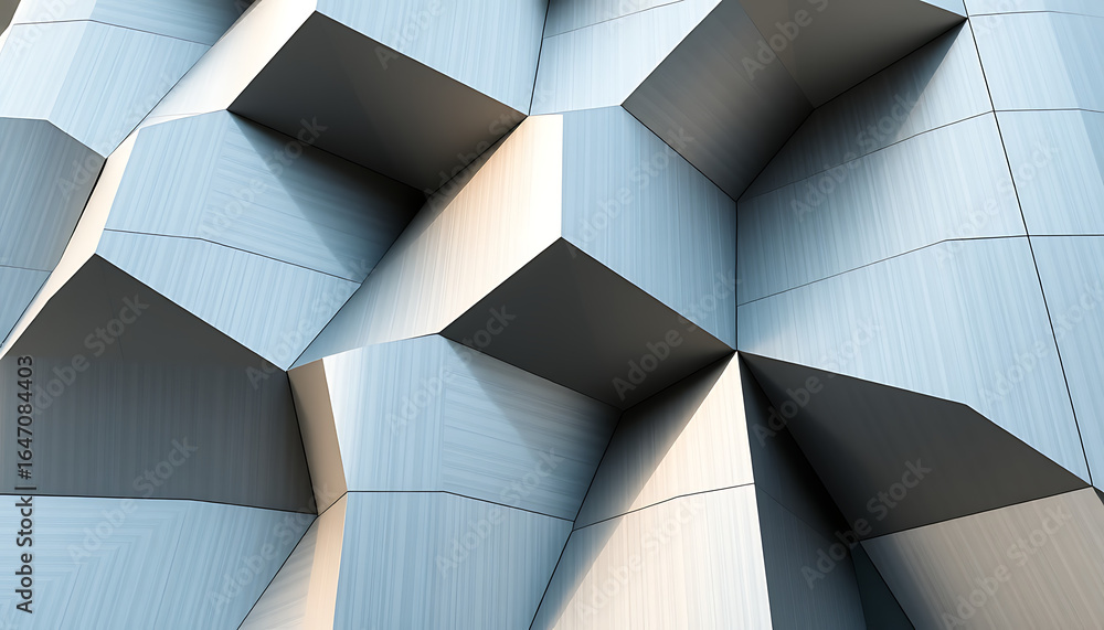 Poster geometric metal facade with repeating pyramidal shapes and shadows creating depth and dimension