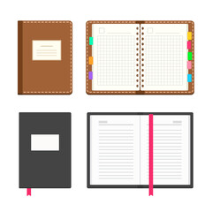 Set of open and closed notebook with empty ruled pages. Vector illustration isolated on white background