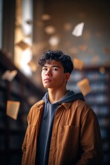 Fototapeta premium Young Asian male stands in a library surrounded by floating books, wearing a brown jacket and gray hoodie, capturing a moment of inspiration and creativity in a scholarly environment