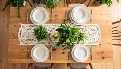Stylish Wooden Dining Table With White Plates And Plants