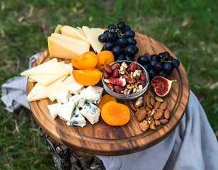 Gourmet Cheese and Fruit Platter: A delectable arrangement of fine cheeses, ripe grapes, dried apricots, nuts, and a single fig, meticulously displayed on a wooden serving board.