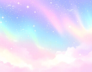 Dreamy pastel sky background with soft fluffy clouds, shimmering stars, and a magical rainbow gradient.