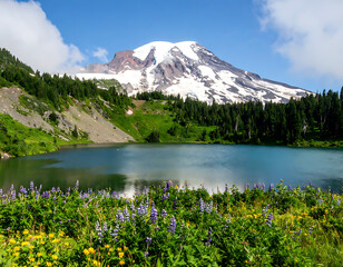 Majestic Mountain Lake: A stunning vista of a pristine alpine lake reflecting the snow-capped peak of a towering mountain, framed by lush greenery and a clear, sunlit sky.