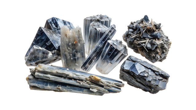 Collection of raw kyanite mineral crystals isolated on transparent background, showcasing their natural blue color, geological formation, and unique texture