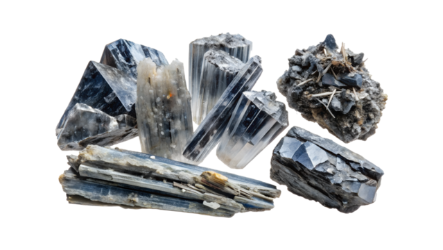 Collection of raw kyanite mineral crystals isolated on transparent background, showcasing their natural blue color, geological formation, and unique texture