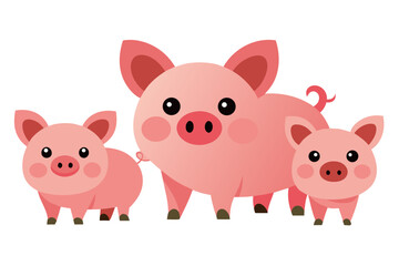 Three adorable cartoon pigs standing together on a white background