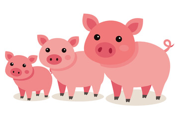 Three cute pink cartoon pigs standing together on a white background