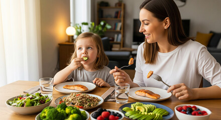 Happy mother and cute little daughter enjoying a healthy meal together at home, eating salmon, fresh vegetables, and salad.