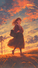 夕暮れ時の田舎道を家路へ急ぐ少女の姿　日没の柔らかな光に包まれた学生の風景　懐かしい情景と温もりある色彩が広がるノスタルジックなイラストレーション