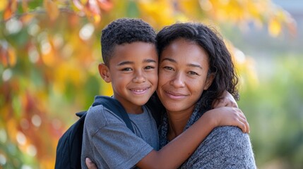 African American woman and boy embrace joyfully outdoors, surrounded by vibrant autumn foliage, showcasing love and connection in a warm family moment