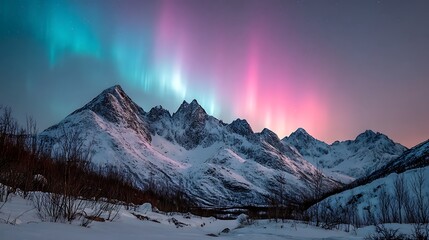 A captivating view of snowy mountain peaks under the enchanting glow of the aurora borealis, casting vibrant colors across the sky.
