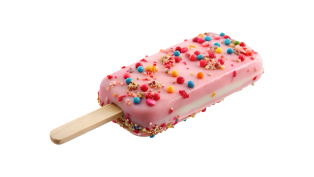 Delicious pink popsicle with colorful sprinkles isolated on transparent background, a sweet and refreshing treat for a hot summer day, perfect for kids and adults alike