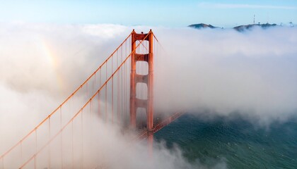 Fototapeta premium Golden Gate Bridge shrouded in morning fog, showcasing majestic structure and atmospheric beauty.