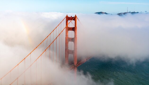 Golden Gate Bridge shrouded in morning fog, showcasing majestic structure and atmospheric beauty.