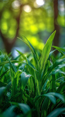 Obraz premium Lush Green Leaves with Blurred Forest Background in Sunlight