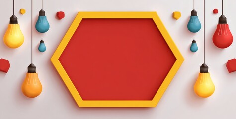 Colorful Hexagon Frame with Light Bulbs on Minimalist Background