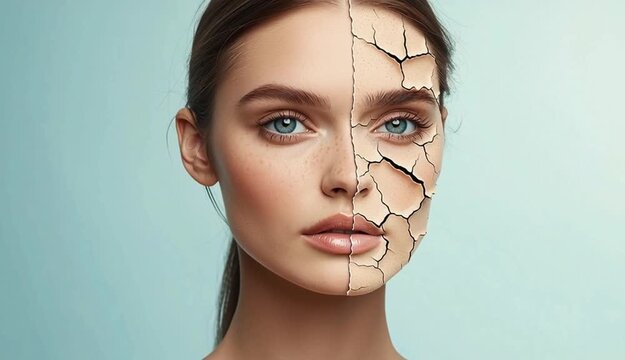 Woman&rsquo;s face and upper body, split in half. The left side shows smooth, flawless, hydrated skin with a natural glow. The right side depicts dry, cracked, dehydrated skin