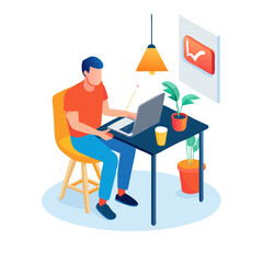Isometric Man Working on Laptop at Home Office Desk Remote Work