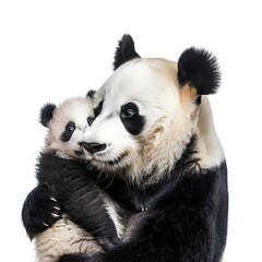 Obraz premium Mother panda lovingly cradles her adorable cub against a plain background, showcasing their bond
