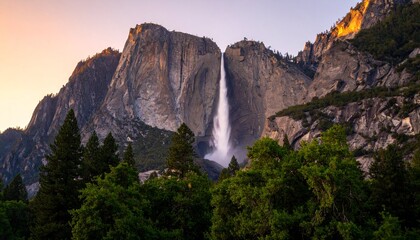 Majestic waterfall cascades down a towering cliff face, framed by lush green trees.
