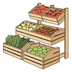 Colorful illustration of fresh produce including tomatoes apples and leafy greens displayed in wooden crates on a stand