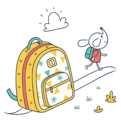 Cute cartoon elephant with backpack walking towards school on a sunny day