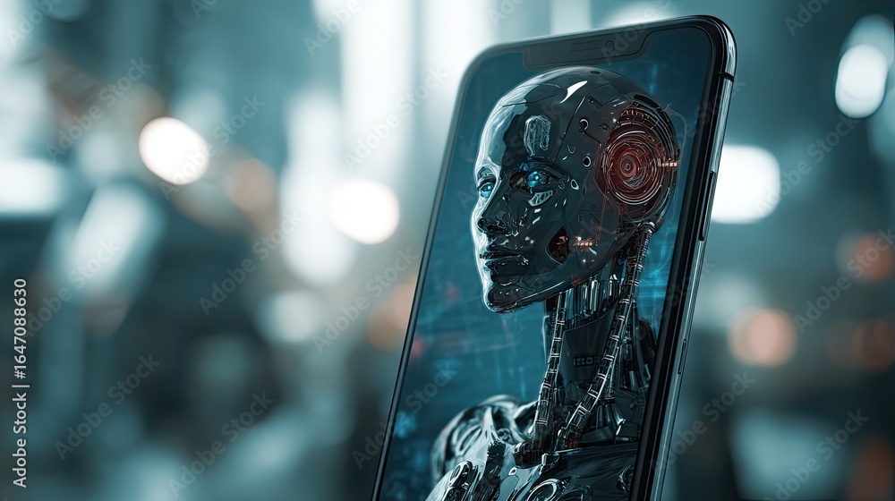 Poster stunningly realistic digital robot avatar on smartphone screen showcases futuristic ai and advanced 