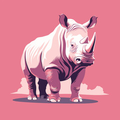 Obraz premium A white rhino stands majestically on top of a vast pink field, seemingly surveying its surroundings. The rhinos massive body contrasts with the soft hues of the field, creating a striking visual image