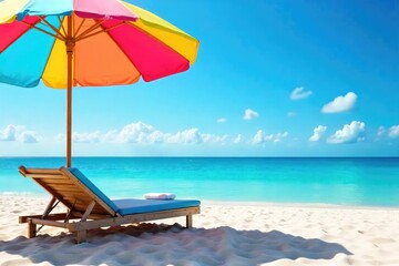 Fototapeta premium Relaxing beach scene with a colorful umbrella providing shade on a sunny day, offering a tranquil escape Perfect for summer vacation themes and travel promotions , sky, relaxation