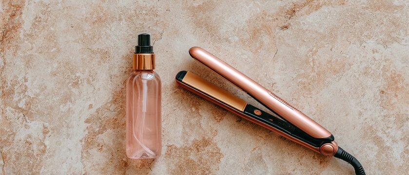 PIASTRA PER CAPELLI ROSA ORO E SPRUZZINO PER CAPELLI SU SFONDO MARMO