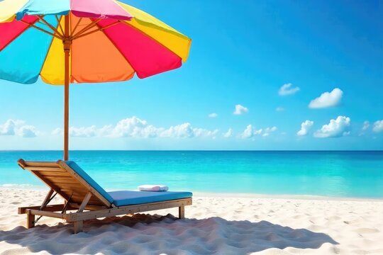 Relaxing beach scene with a colorful umbrella providing shade on a sunny day, offering a tranquil escape Perfect for summer vacation themes and travel promotions , sky, relaxation