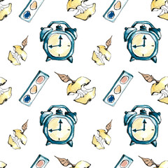 Back to school. Watercolor simple seamless pattern with retro blue alarm clock, apple core and paint palette. Hand drawn on white background for fabric design, cards, advertising, social networks