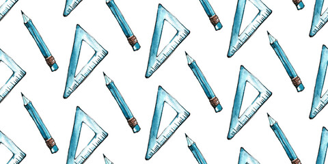 Back to school. Watercolor simple seamless pattern with a simple blue pencil with an eraser on the end and a triangular ruler. Hand-drawn on a white background for fabric design, postcards, advertisin