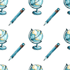 Teacher's Day. Watercolor simple seamless pattern with the image of a globe on a stand and a pencil with an eraser in blue tones. Hand-drawn on a white background for the design of postcards