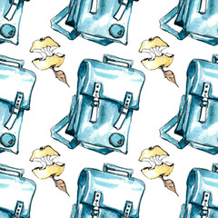 Back to school. Watercolor simple seamless pattern with the image of a backpack with straps in blue tones and a yellow apple core with a brown leaf. Hand drawn on a white background for the design
