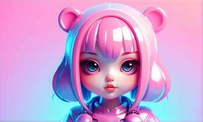 Stylized Pink Haired Girl with Bear Ears Close up Portrait