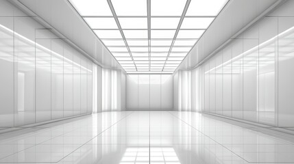 Obraz premium Modern White Corridor with Glass Ceiling and Reflective Floor