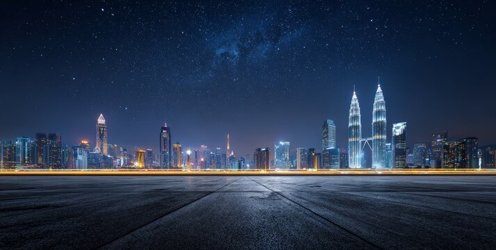 Night view of Kuala Lumpur city skyline with stars