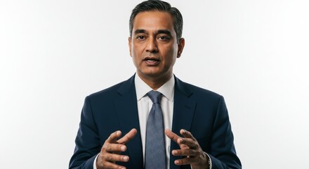 Businessman in Suit Gesturing Portrait on White Background.