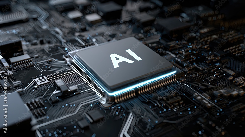 Poster cutting-edge ai processor glowing with innovation on a complex circuit board representing the future