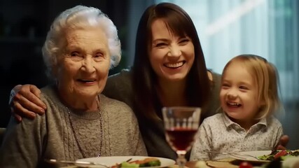 Family dinner gathering with three generations enjoying a meal together at home in warm lighting