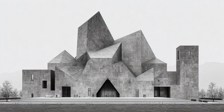 RENDERING ARCHITETTONICO FUTURISTICO: STRUTTURA IN CEMENTO DI FORMA GEOMETRICA ASTRATTA