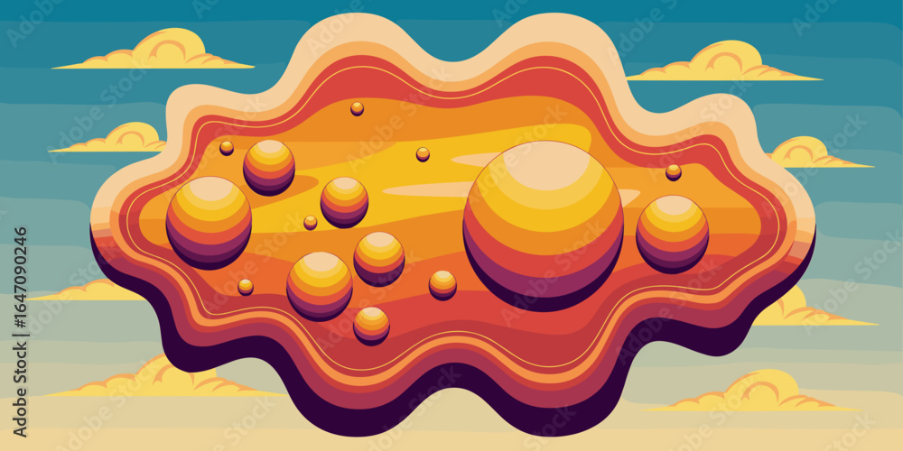 Aufkleber retro 70s-style blob shape with orange and yellow gradient and fluffy clouds – perfect for nostalgic