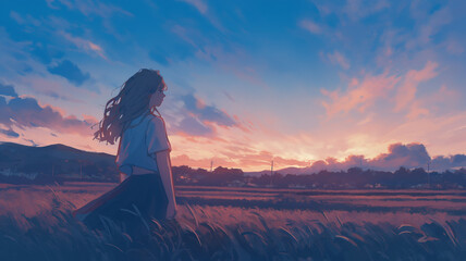 Obraz premium 黄昏に照らされた田舎の一本道を歩く少女 学生服が夕日の光を受けて輝く 懐かしさと郷愁を感じさせる穏やかな日没の情景を描いたイラスト