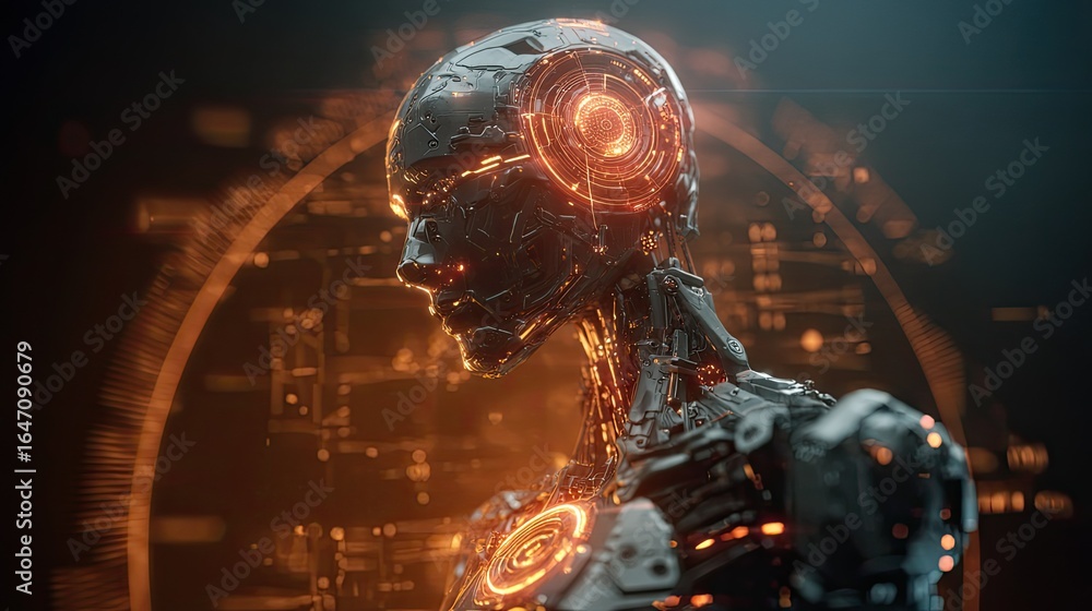 Poster futuristic cyborg head with glowing elements symbolizes advanced technology and artificial intellige