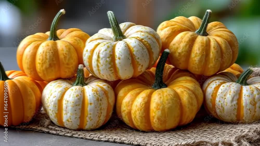 Poster colorful pumpkins displayed on a rustic table creating an inviting autumn atmosphere in a cozy setti