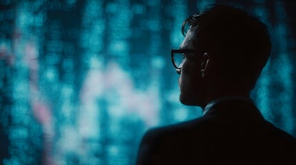 Silhouetted figure studying digital currency data on a screen