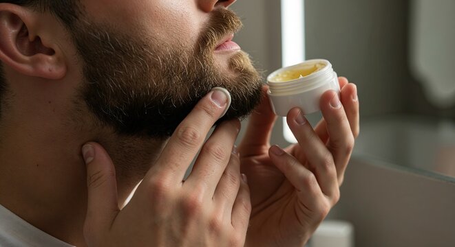 Hands applying balm to beard with soft daylight and close texture in modern grooming bathroom scene