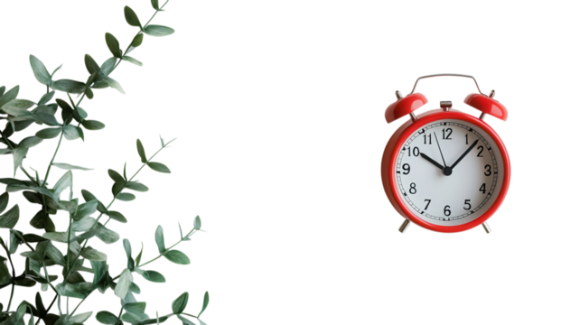 A red alarm clock sits on a white background, surrounded by green leaves for a serene morning vibe