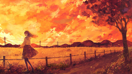 Fototapeta premium 茜色に染まる夕焼けの空と田園風景 帰宅途中の少女のシルエットが美しく映える 日没の穏やかな時間と学生時代の思い出を描いた情緒あふれるアート作品